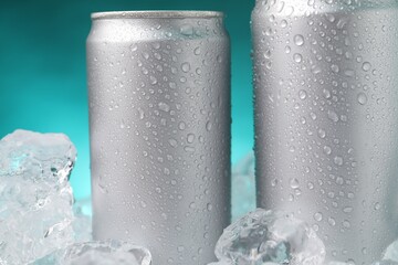 Refreshing drinks in cans on ice cubes against teal background, closeup