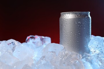 Refreshing drink in can on ice cubes against dark red background, closeup
