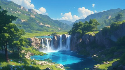 Fototapeta premium Spectacular and beautiful waterfalls close up, showcasing the natural beauty of cascading water, lush greenery, and rocky landscapes. 