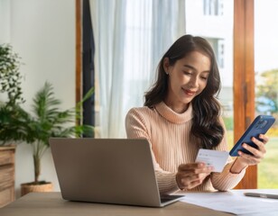 young woman hand holding invoice use mobile smart phone spend scan barcode to transfer to pay money of credit card without cash. Bill pay concept. Online internet banking. Technology of financial