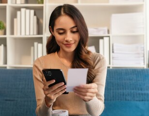 young woman hand holding invoice use mobile smart phone spend scan barcode to transfer to pay money of credit card without cash. Bill pay concept. Online internet banking. Technology of financial