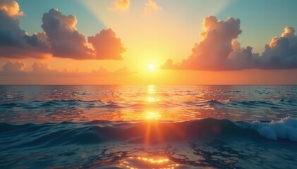 Obraz premium Sunrise illuminates the calm sea, soft golden light blankets the water, golden, nature