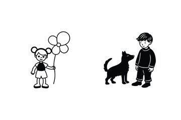 Girl with flower balloon, boy with dog, simple black line art illustration