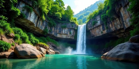 Naklejka premium Towering limestone crags, clear waterfall plunges down , vertical, mountain, rugged