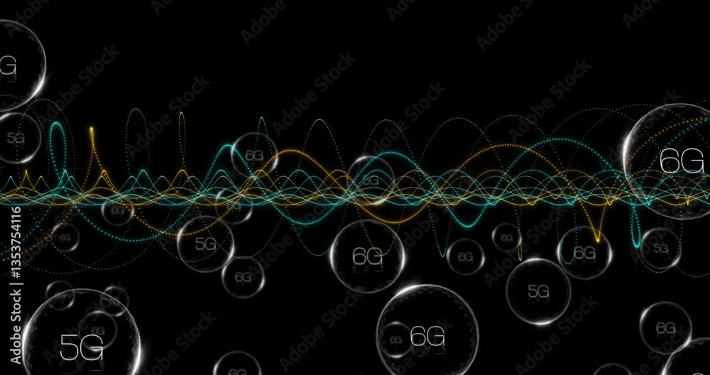 Poster colorful wave patterns with 5g and 6g text creating animation on black background