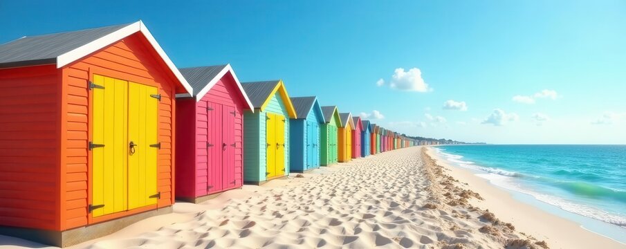 Vibrant beach huts line sandy shore Sun-drenched, cheerful colors , bright, sea