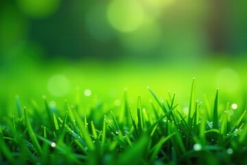 Vibrant green grass, each blade adorned with glistening, spherical dewdrops; blurred backdrop , meadow, sparkling