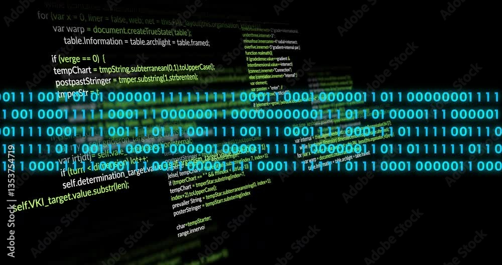 Poster in school, child learning programming with binary code and animation on screen
