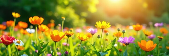 Fototapeta premium Vibrant wildflowers bloom in sun-drenched meadow, intense, flowers, wildflowers