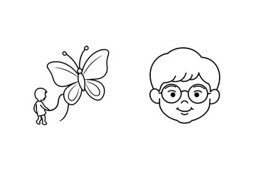 Boy with Glasses and Butterfly Kite Simple Line Drawing