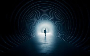 Obraz premium A solitary figure standing in a dark tunnel illuminated by a soft light, symbolizing hope and new beginnings.