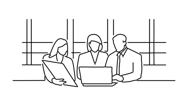 Business professionals collaborating on a laptop and reviewing documents at a modern workspace Continuous line draw Full length single line animation.