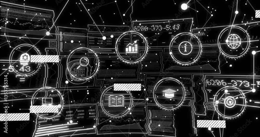 Poster displaying data charts and network icons, digital interface with animation elements