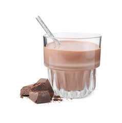 Tasty chocolate milk in glass and pieces of chocolate isolated on white