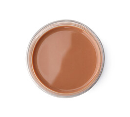 Tasty chocolate milk in glass isolated on white, top view