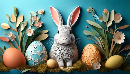 Cute easter decoration with papercut bunny and eggs, copyspace
