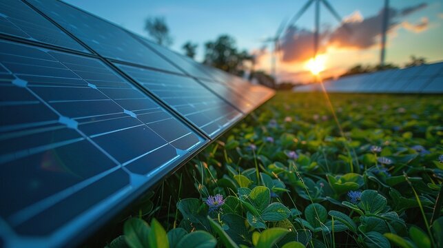 Solar panels and wind turbines are on display, showcasing renewable energy solutions and sustainable technologies.