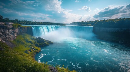 Spectacular and beautiful waterfalls close up, showcasing the natural beauty of cascading water, lush greenery, and rocky landscapes. 