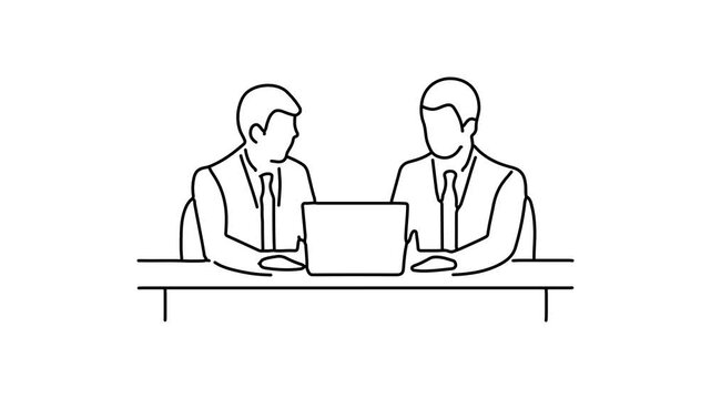 Two business professionals seated at a table, collaborating over a laptop during a meeting Continuous line draw Full length single line animation.