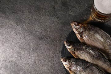 Glass of beer and dried fish on grey table, top view. Space for text