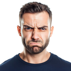 Obraz premium Disappointed Man with Furrowed Eyebrows, Beard, and Blue Shirt Isolated on Transparent Background