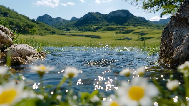 Tranquil Water with Wildflowers Under Blue Summer Sky Near Green Hills