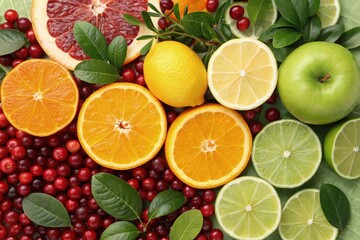 Fresh Fruits Arranged Artfully on a Green Surface Generative AI