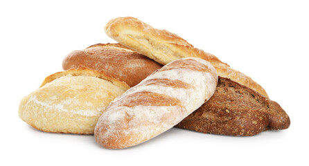 Different loaves of freshly baked bread isolated on white
