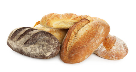 Different loaves of freshly baked bread isolated on white