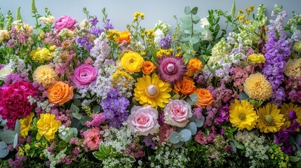 Vibrant colorful floral arrangement with various flowers like roses, sunflowers, and dahlias.