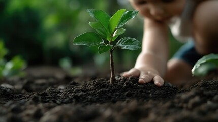 Child planting a seedling in the soil