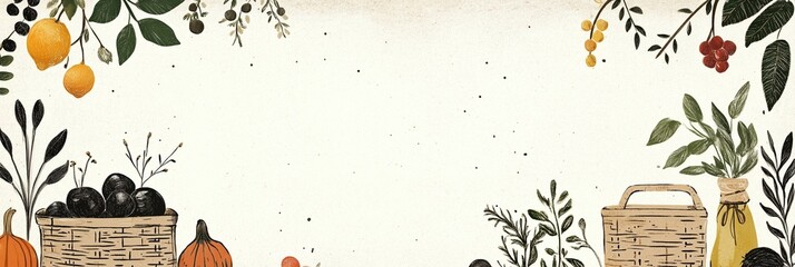 Local craft market expo banner featuring hand drawn fruits and vegetables decorations