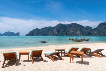 Beach Chairs on White Sand Beach, Tropical Vacation