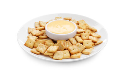 Tasty cheese dipping sauce in bowl and crackers isolated on white