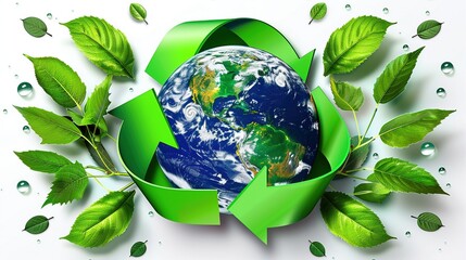 Vector illustration of a green arrow surrounding the Earth, with leaves and water droplets, set on a white background, symbolizing eco-friendly concepts, sustainability, and environmental protection, 