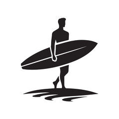 Surfer with his surfboard silhouette. Holding surfboard concept background.