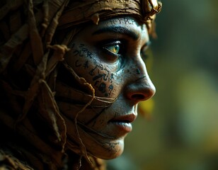 Close-up profile of a mysterious woman with ancient hieroglyphs