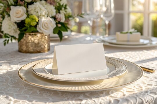 Wedding place card mockup on elegant wedding setting. Perfect for showcasing table name designs, calligraphy, or wedding branding.