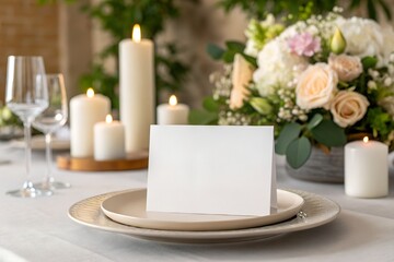 Obraz premium Wedding place card mockup on elegant wedding setting. Perfect for showcasing table name designs, calligraphy, or wedding branding.