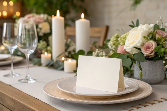 Wedding place card mockup on elegant wedding setting. Perfect for showcasing table name designs, calligraphy, or wedding branding.