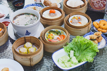 Dim Sum Feast, Various Dishes on Table, Chinese Cuisine.