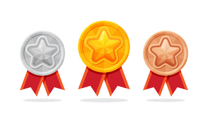 Gold, silver, and bronze medal icons. First, second, and third place awards with red ribbons. Winner trophy design.