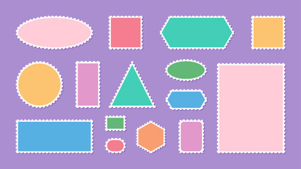 Postage stamp templates set. Mockup with jagged wavy edges. Vector illustration.