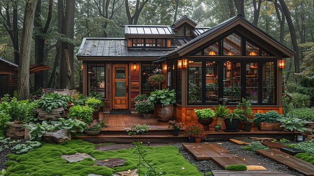 Greenhouse with eco-friendly construction, featuring sustainable materials and innovative design, surrounded by lush plants and natural light, ideal for themes of green architecture, environmental sus