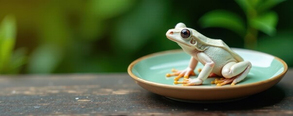 A small white frog perched on a decorative ceramic plate, , cute frogs