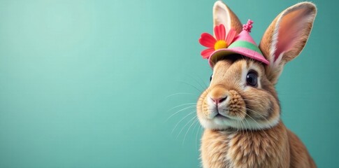 A smiling rabbit with a colorful hat and flowers in its ears, ear, hat