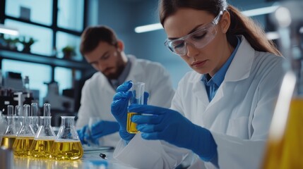 Fototapeta premium Female Scientist in Laboratory Conducting Experiment with Test Tube, Colleagues Working in Background, Focused on Chemistry Research and Analysis for Scientific Development