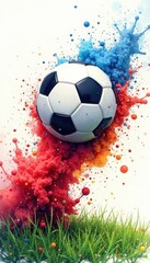 Fototapeta premium A soccer ball bursts forth with watercolor splashes as it soars through the air after a swift kick , fluid motion, movement in mid-air