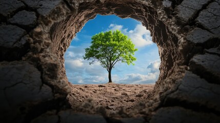 A vibrant tree stands alone against a blue sky, viewed through a circular opening in dry, cracked earth, symbolizing resilience and hope in a parched landscape.