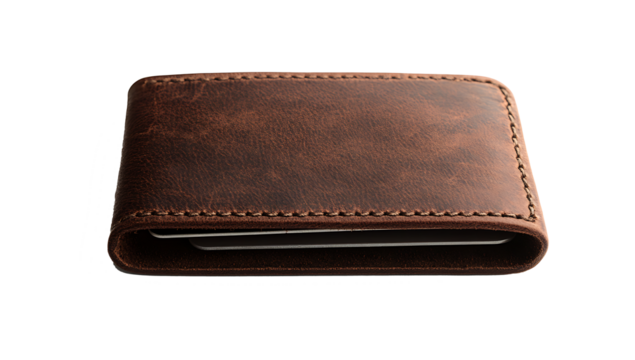 Brown genuine leather wallet with around zip that safety for keep money and credit card , isolated on white background PNG